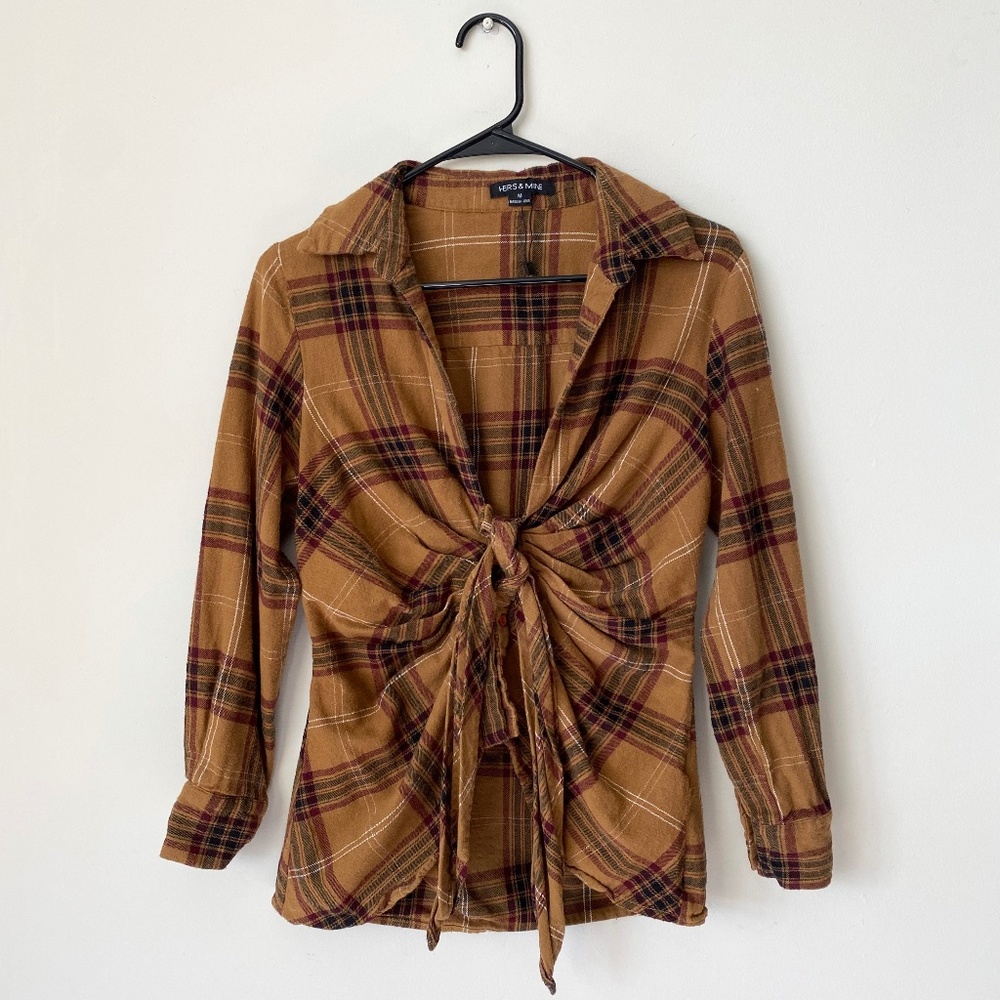 HERS & MINE TIE FRONT RUCHED PLAID FLANNEL